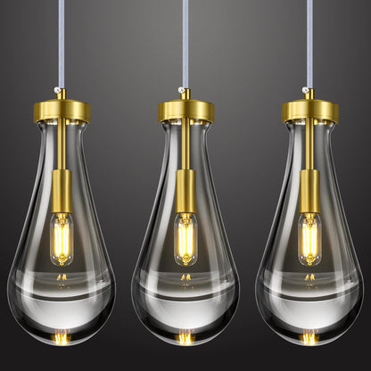 LIANGMH Raindrop Pendant Lights Kitchen Island Set of 3 Teardrop Gold Hanging Light Fixtures Clear Solid Glass Pendant Light Modern Chandeliers for Dining Room Porch Corridor Living Room…