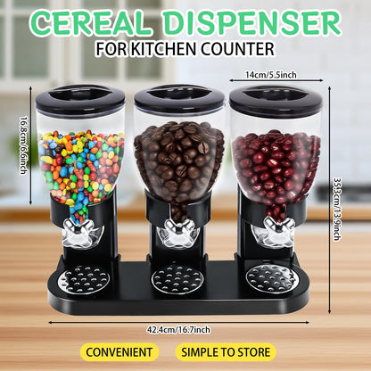 ENIPEDITA 1 Pcs Triple Indispensable Dry Food Dispenser with Cup Black Cereal Storage Container 67oz Each Capacity for Kitchen Rice Nuts Cereal Snack Gumball Candy Dog Food