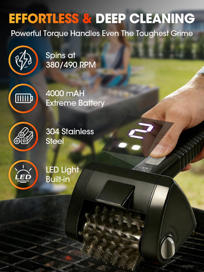Electric Grill Brush, Cordless Rechargeable BBQ Cleaner, 2-Speed Control, 304 Stainless Steel Removable Brush Head for BBQ Grates & Outdoor Grills
