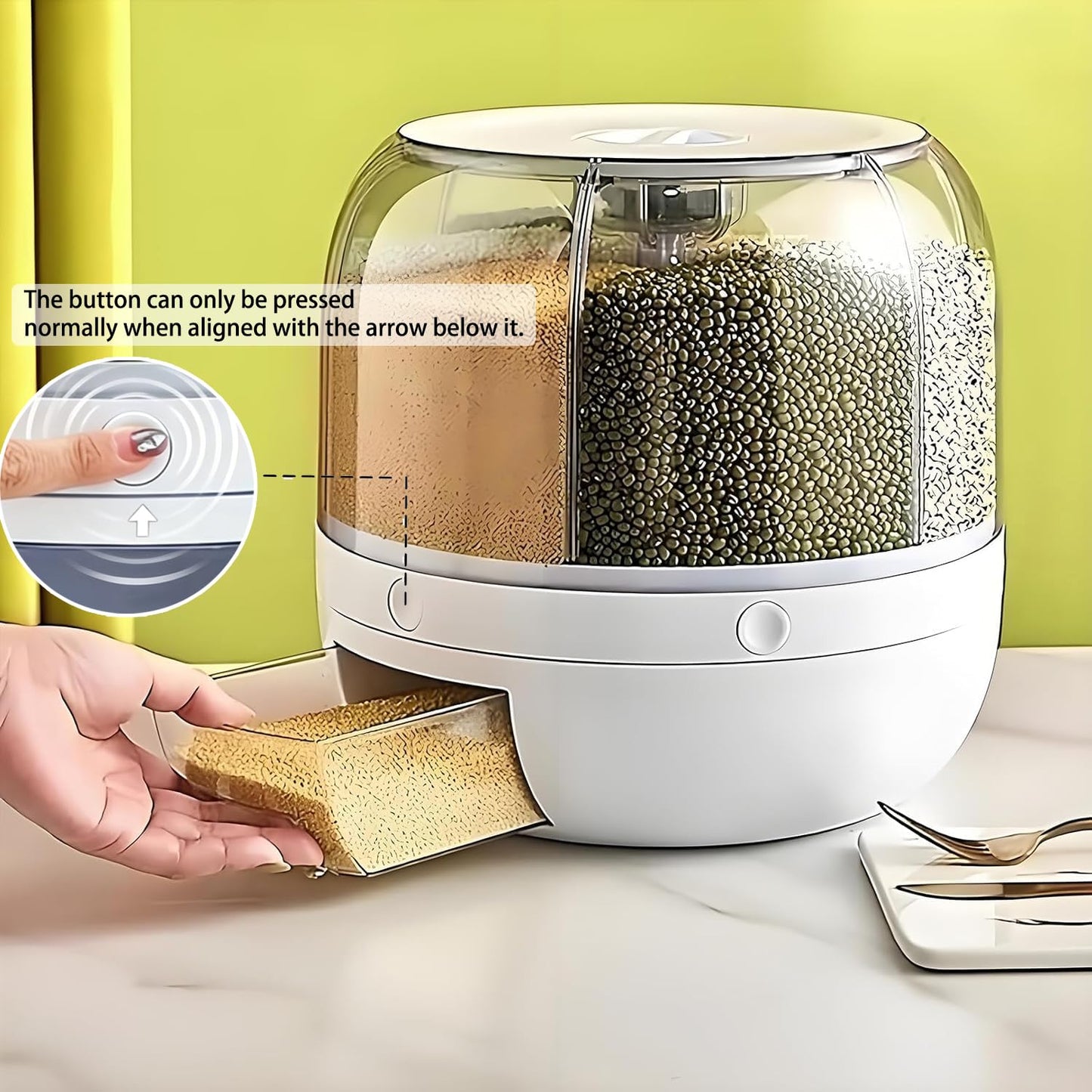Wnnideo Rotating Grain Storage Bin 6 Grids Rice Container One-Click Output Large Capacity Food Dispenser For Rice Grains Sealed Moisture Proof Organizer (Small)