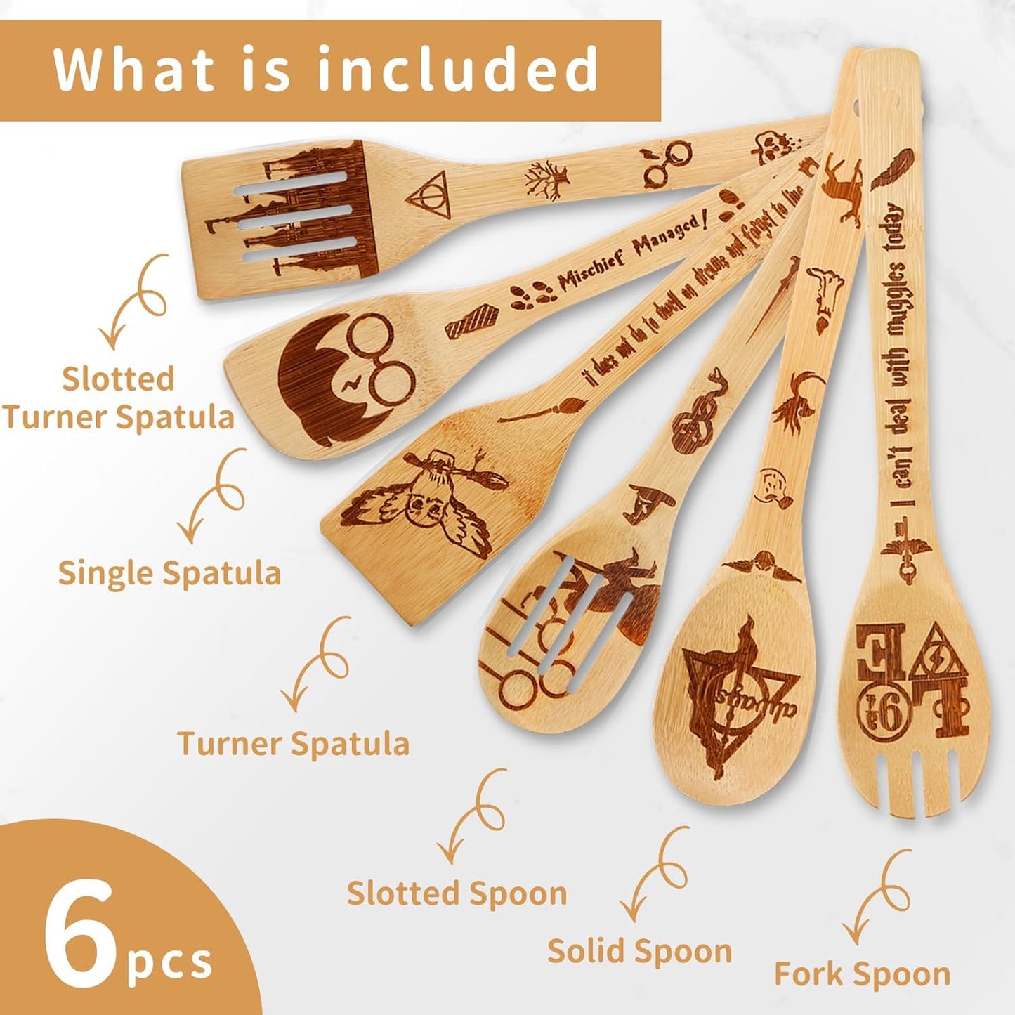Wooden Spoons for Cooking Utensils Set 7pcs - Harry Gifts for Women Kitchen Accessories, Magic Wizard Spoon