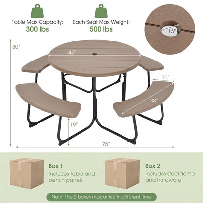 Tangkula 8 Person Picnic Table, Outdoor Round Picnic Table with 4 Built-in Benches, Umbrella Hole, Metal Frame & HDPE Tabletop, Outside Table and Bench Set for Backyard, 2300lbs Weight Capacity