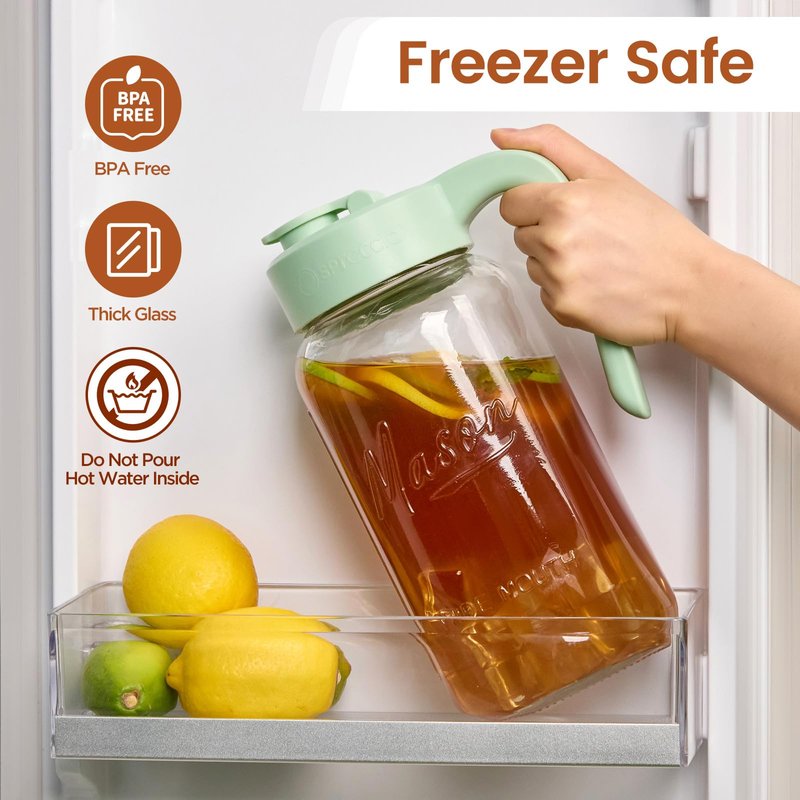 Spreccio Mason Jar Pitcher with Tea Filter, Airtight & Leakproof Glass Pitcher with Lid, 64 oz Sun Tea Glass Jar for Outside, Perfect for Sun Tea, Lemonade, and iced Tea