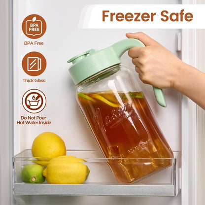 Spreccio Mason Jar Pitcher with Tea Filter, Airtight & Leakproof Glass Pitcher with Lid, 64 oz Sun Tea Glass Jar for Outside, Perfect for Sun Tea, Lemonade, and iced Tea