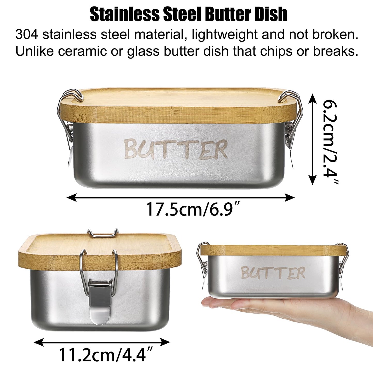 BSTKEY Butter Dish with Lid for Countertop, Stainless Steel Butter Holder Container with Silicone Sealing, Unbreakable Butter Keeper for Kitchen, Holds 1 Stick West or 2 Sticks East Coast Butter