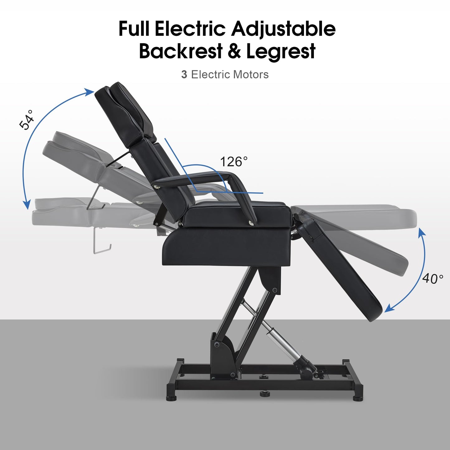 BarberPub Fully Electric Facial Bed with 3 Motor for Esthetician, Electric Tattoo Chair for Client, Facial Bed for Esthetician, Massage Adjustment 2751 (Black, Height (Flat): 25.2"–37")