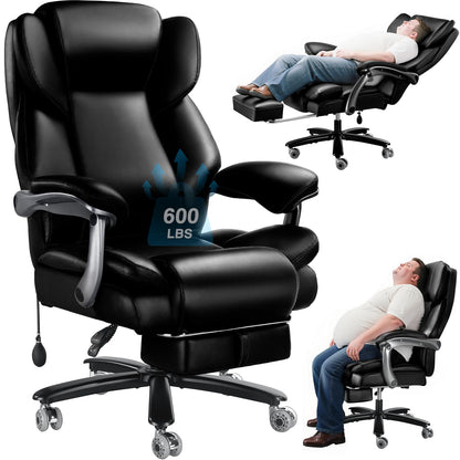 600lbs Big and Tall Office Chair for Heavy People,Heavy Duty Comfy Executive Office Desk Chair with Adjustable Lumbar Support,High Back Reclining PU Leather Computer Chair,Metal Base (Classic, Black)