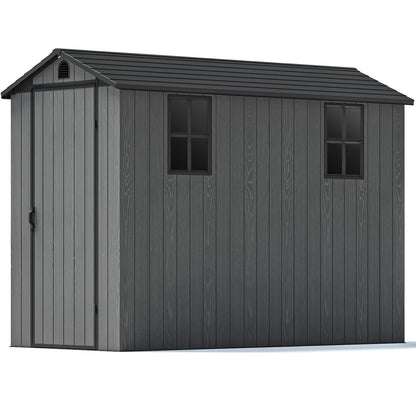 Patiowell 4x8 FT Plastic Outdoor Storage Shed with Floor, Garden Tool Shed with Two Windows and Single Lockable Door for Garden, Backyard, Lawn, Easy to Install, Dark Grey