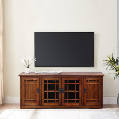 Leick Home 82360 Solid Wood Mission Oak Four Door TV Stand For 65" TVs Universal TV Console Living Room Storage Shelves Entertainment Center, Mission Oak