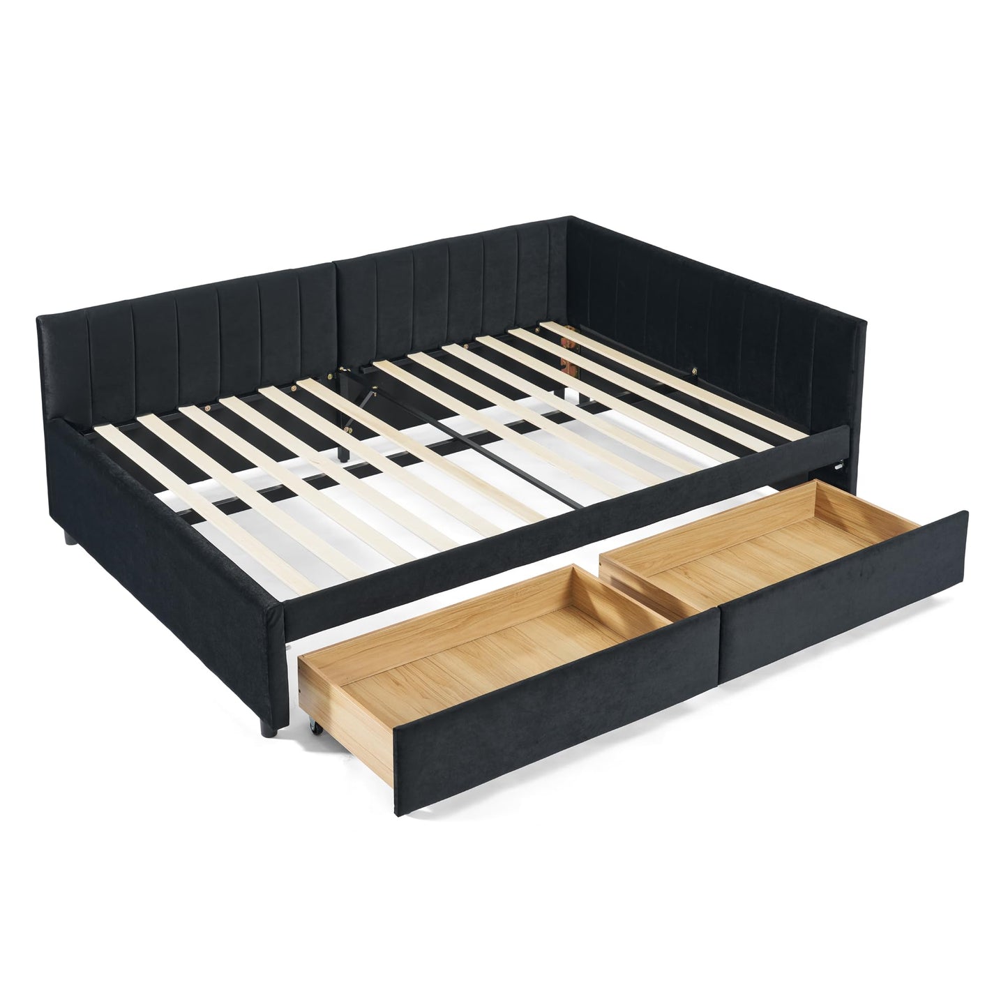 Ball & Cast Full Size Daybed with Two Storage Drawers,Velvet Upholstered Day Bed Frame with Channel Tufted Backrest & Armrest,Wood Slats Support,No Box Spring Needed,for Bedroom Guestroom,Black