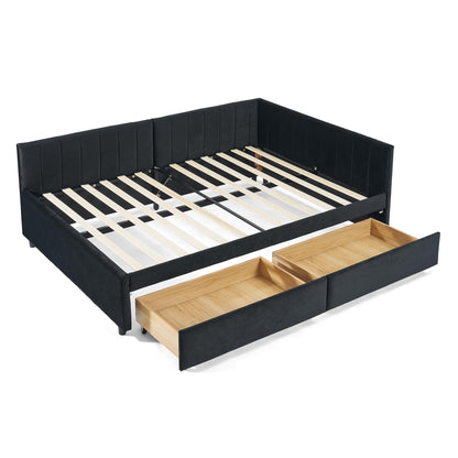 Ball & Cast Full Size Daybed with Two Storage Drawers,Velvet Upholstered Day Bed Frame with Channel Tufted Backrest & Armrest,Wood Slats Support,No Box Spring Needed,for Bedroom Guestroom,Black