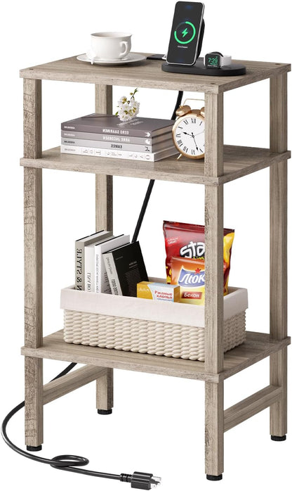 3 Asgolion Tier End Table with Storage and Fast Charging Station, Tall Narrow Nightstand with Type C and USB Port