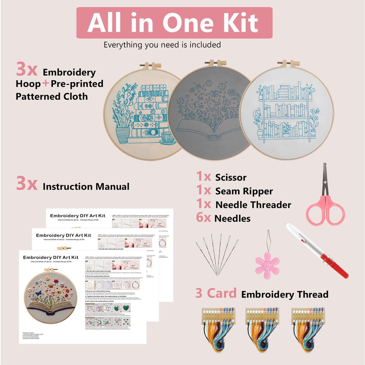 Embroidery Kit for Adults, Pre-Stamped Pattern Embroidery Kit for Beginners, Needlepoint Starter Kit with Hoop Thread Needle Instruction, 7.9'' Hoop (Book Lover 3 Packs)