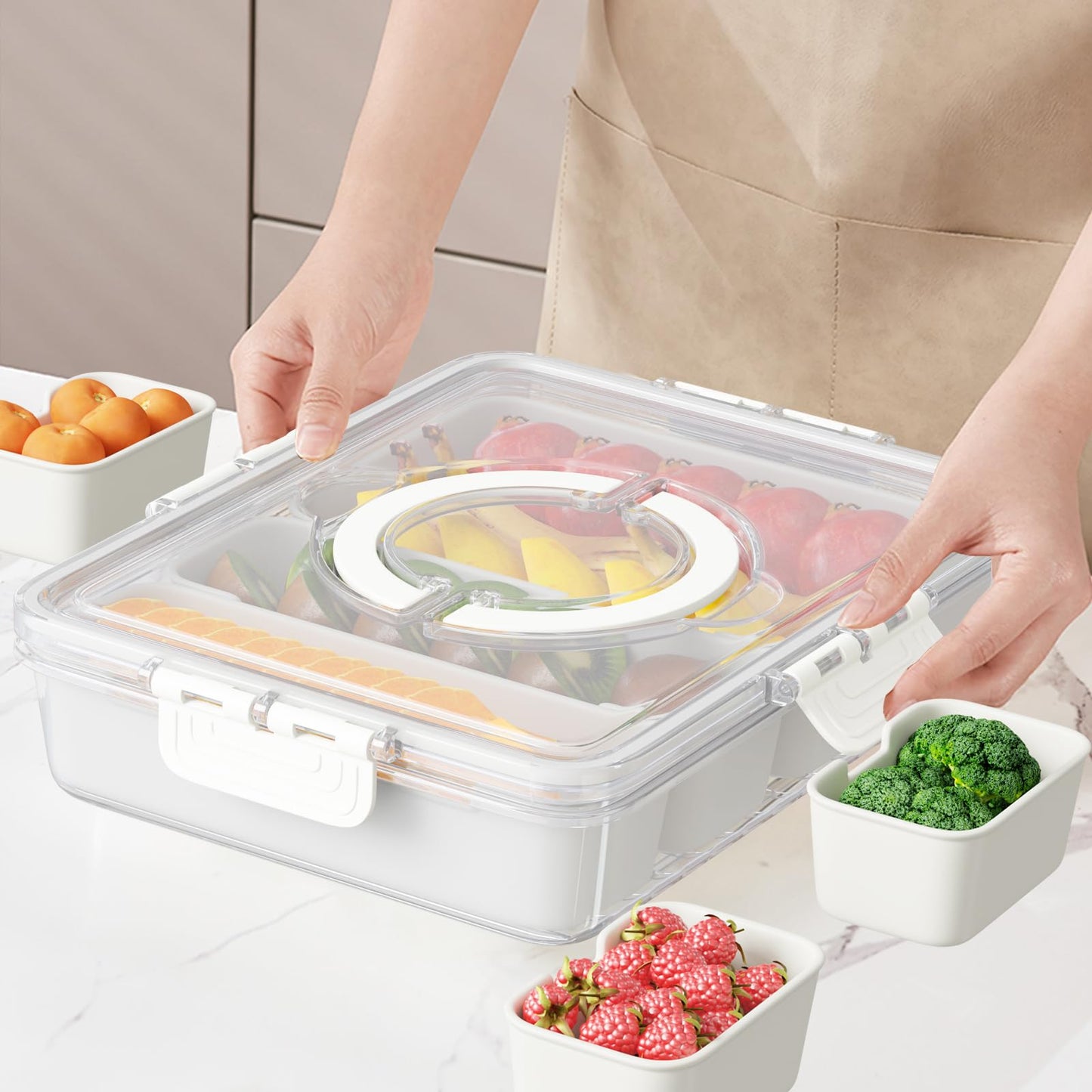 Futego Snackle Box Container,Divided Serving Tray with Lid and Handle,7 Portable Compartment Travel Snack Box for Candy Fruits Nuts Veggie for Road Trip Party Picnic (1 Pack-Dishwasher Safety)