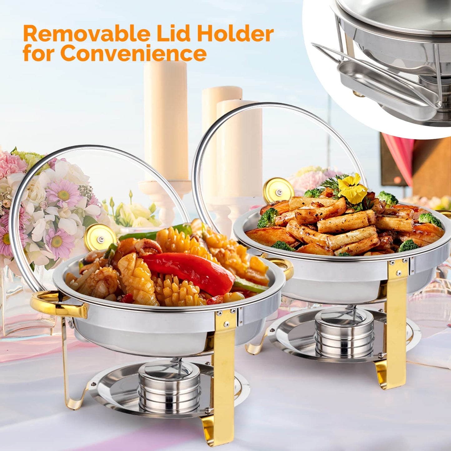 ROVSUN 5QT 4 Packs Chafing Dish Buffet Set Gold Accent, NSF Round Stainless Steel Buffet Warmer Chafers and Warmers Sets with Glass Lid & Lid Holder for Catering Events Parties Weddings Dinners