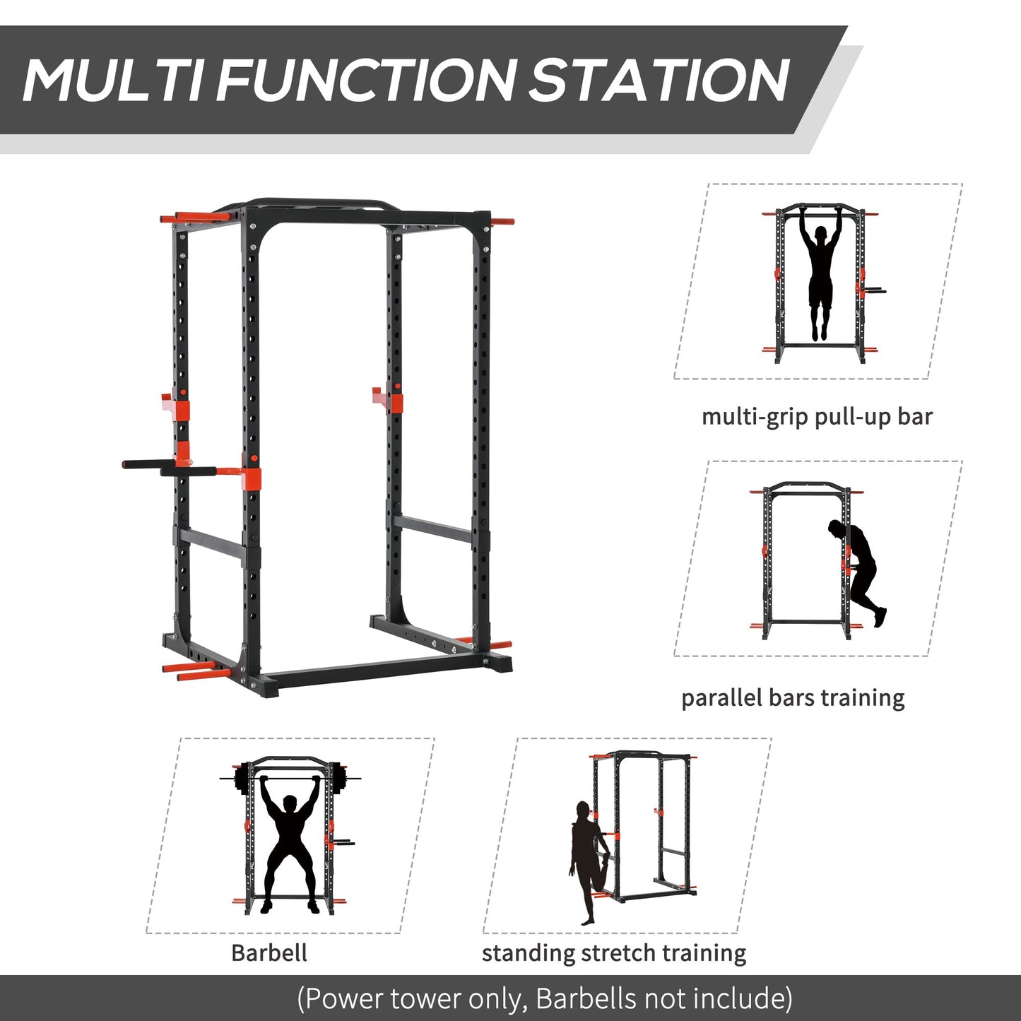 Soozier Adjustable Power Tower Dip Station Pull Up Bar Squat Rack Power Cage At Home Workout Equipment, Upper Body Strength Training Equipment, Black