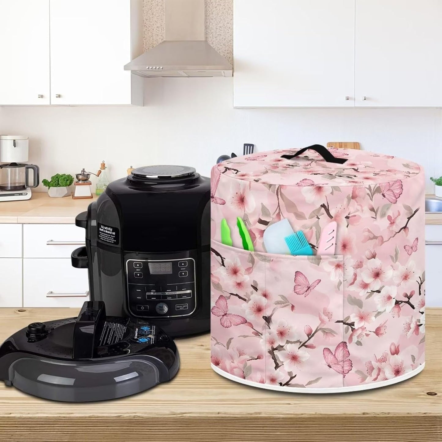 Pink Butterfly Air Fryer Cover, Kitchen Appliance Covers with Handle and Side Accessory Pouch, Fits Most Cookers