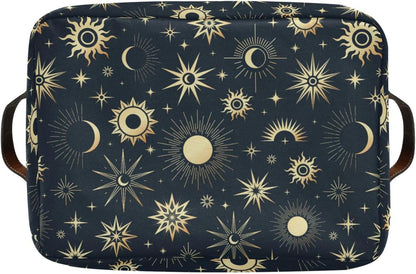 Foldable Canvas Storage Basket with Handles, Sun Moon Star Design, Durable Organizer for Nursery Kids Shelves