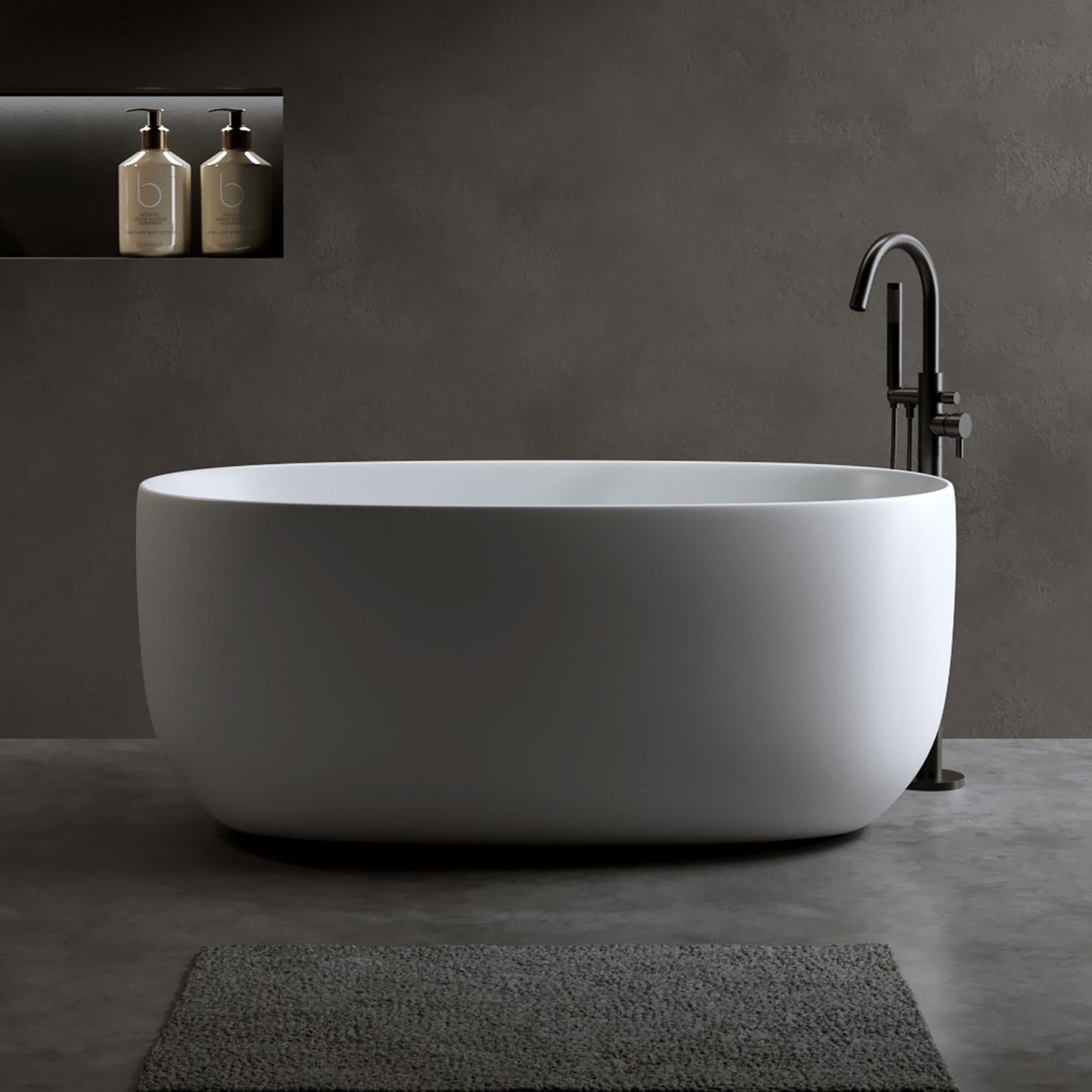 Favfurish 47" Freestanding Stone Resin Bathtub,Oval Shape Contemporary Soaking Tub w/Pop-Up Drain & Overflow, Compact Design for Small Spaces, Matte White