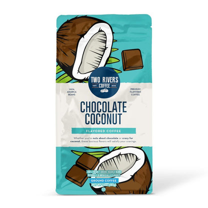 Two Rivers Coffee Chocolate Coconut Flavored Ground Coffee, Perfectly Balanced, Always Smooth, Made with 100% Arabica Beans - Flavor Enhanced, 10 Ounce Bag
