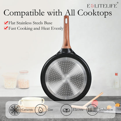 ESLITE LIFE 9.5 Inch Crepe Pan with Spreader, Nonstick Granite Coating Dosa Pan, Roti Tawa Comal Para Tortillas Pancake Griddle Pan, Induction Compatible, PTFE & PFOA Free, Black