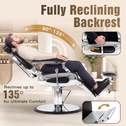 Oakvera Barber Chair, Heavy Duty Vintage Recline Hydraulic Barber Chair with Towel Bar, 360° Swivel All Purpose Professional Salon Chair Barber Shop Beauty Salon Shampoo Equipment, Black and Sliver