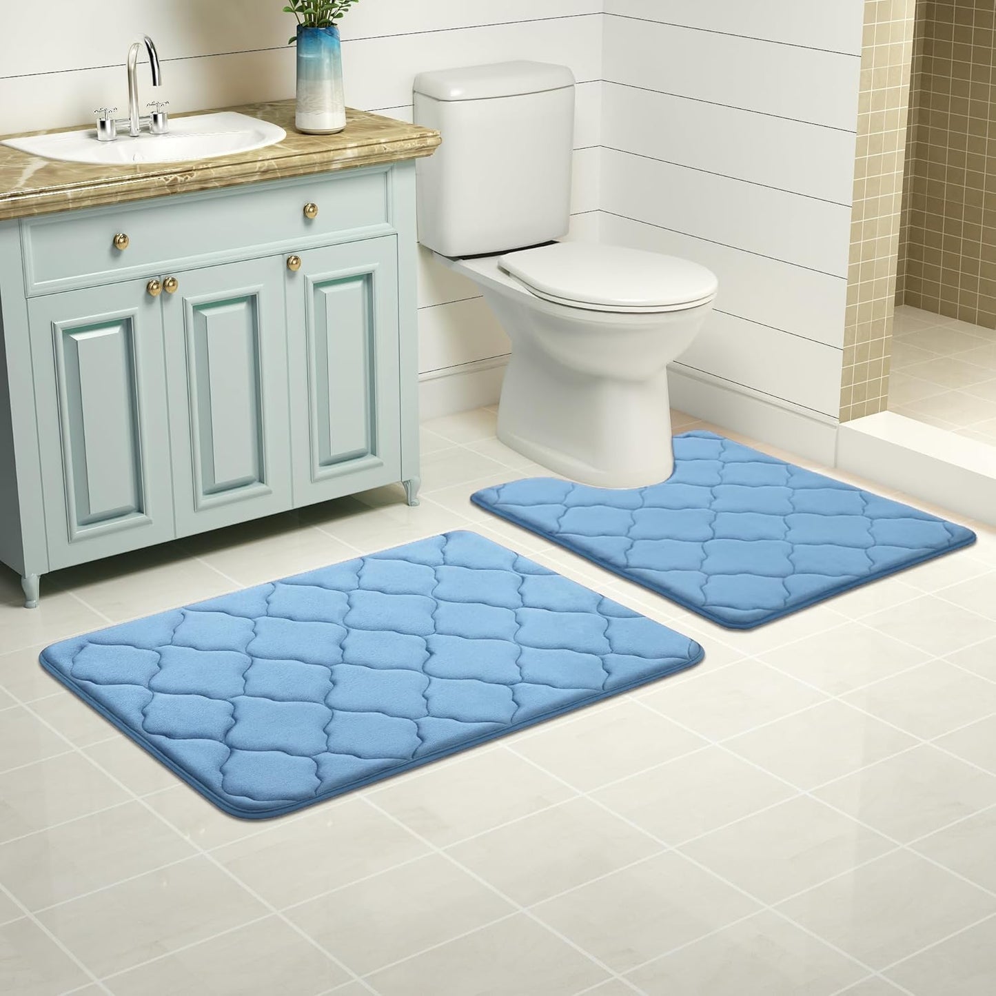 OLANLY Memory Foam Toilet Rugs U-Shaped 24x20 - Ultra Soft and Absorbent Non-Slip Bathroom Mat, Blue