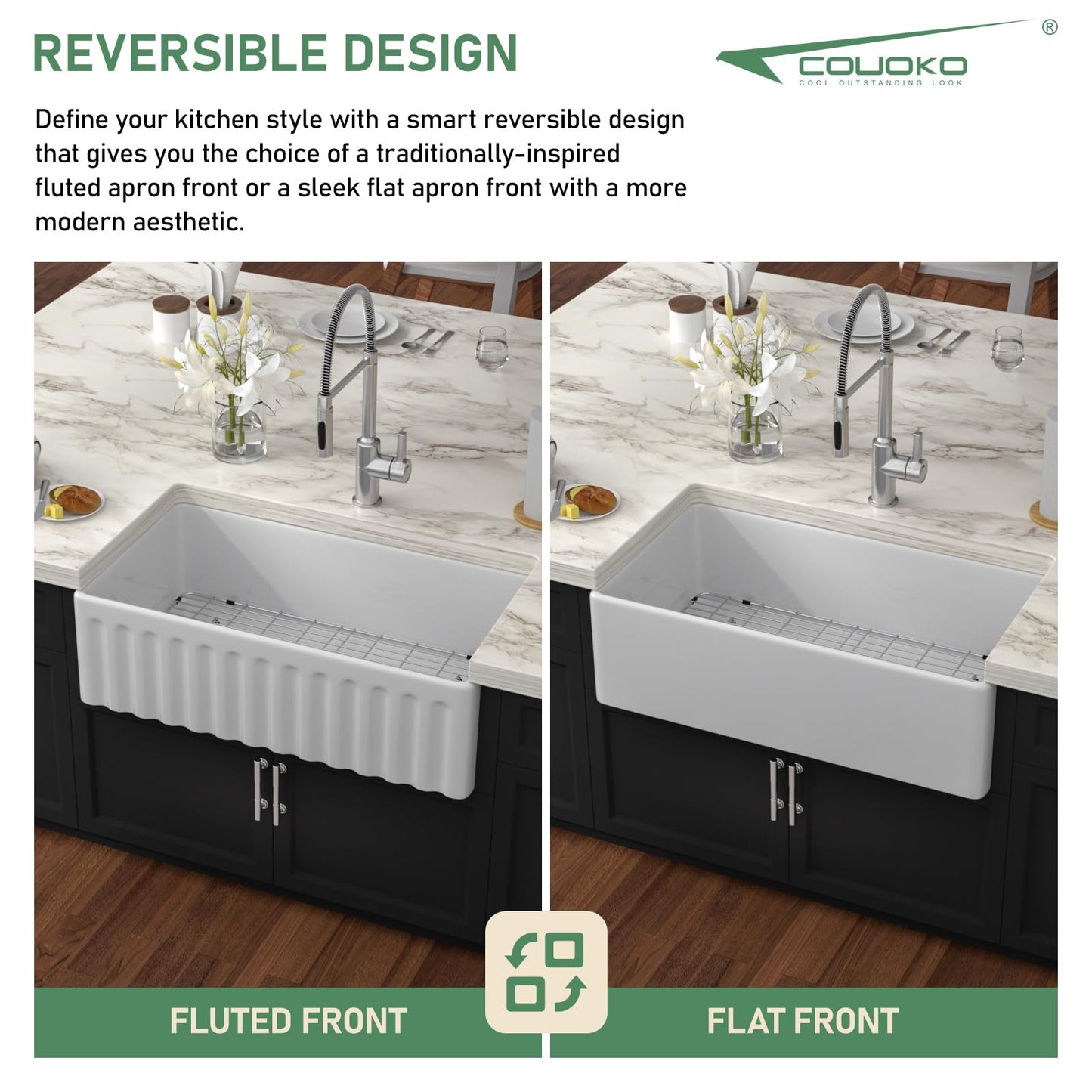 Couoko White Farmhouse Sink 33 Inch Fireclay Reversible Apron Front Farm Sink 33"x18"x10" Glossy White Porcelain Farms House Style Single Bowl Farmhoues kitchen Sinks with Luxury Accessories
