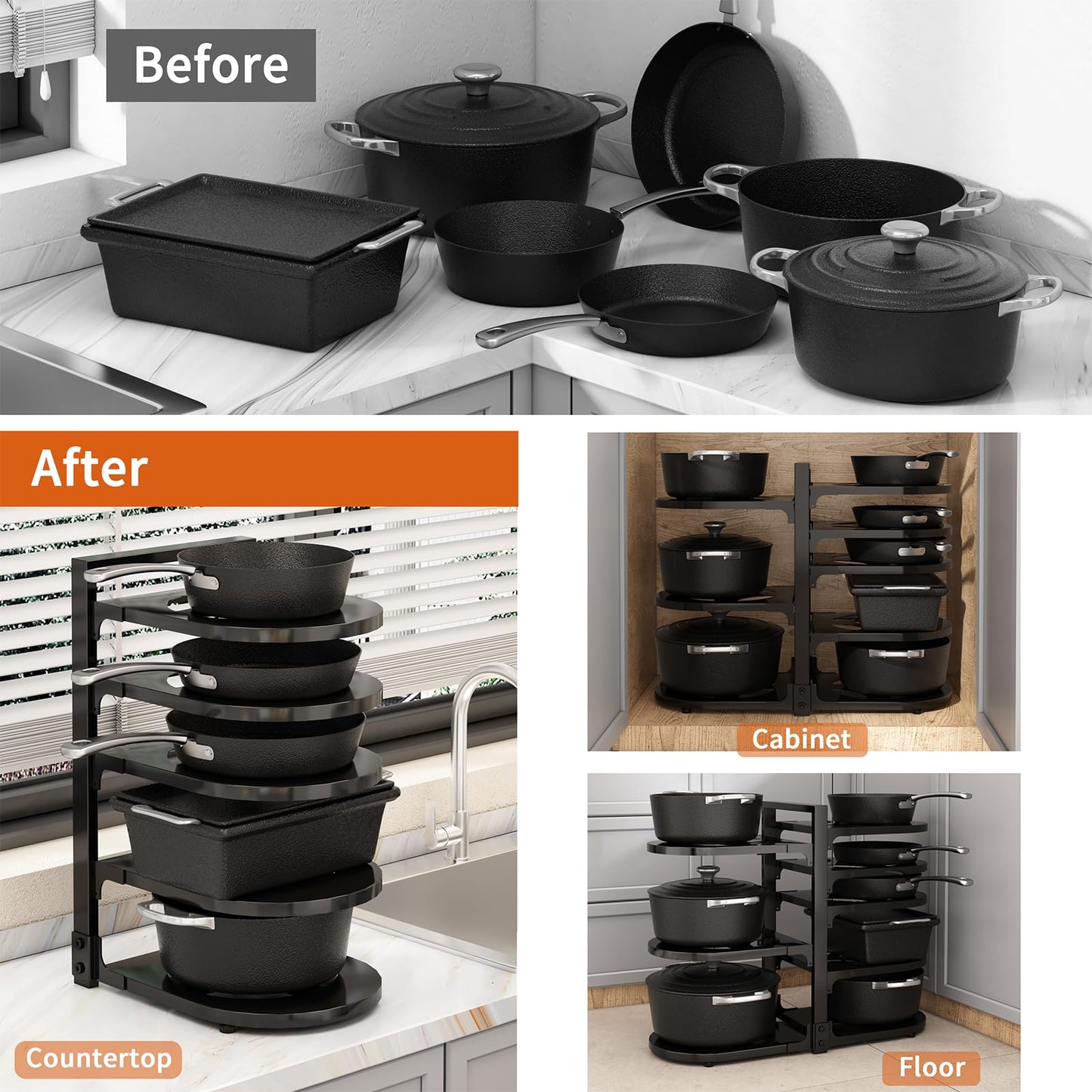 Fovkdcvw Adjustable Heavy Duty Pots and Pans Organizer Under Cabinet, 8-Tier Pot and Pan Organizers Inside Cabinet, Kitchen Cabinet Organizers and Storage, Black