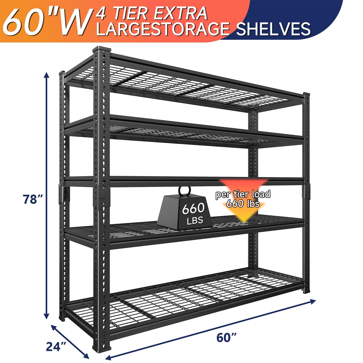 LUXEYARD Heavy Duty Garage Shelving, 60" W x 24" D x 78" H, 5-Tier Adjustable Metal Storage Rack, 660 lbs Per Shelf, 3300 lbs Total Capacity, Black, 1-Pack