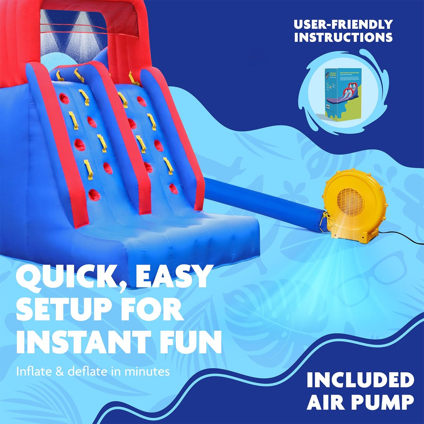 Sunny & Fun Dual Splash Inflatable Water Racing Slide Park – Heavy-Duty for Outdoor Fun - Climbing Wall, Two Slides & Splash Pool – Easy to Set Up & Inflate with Included Air Pump & Carrying Case