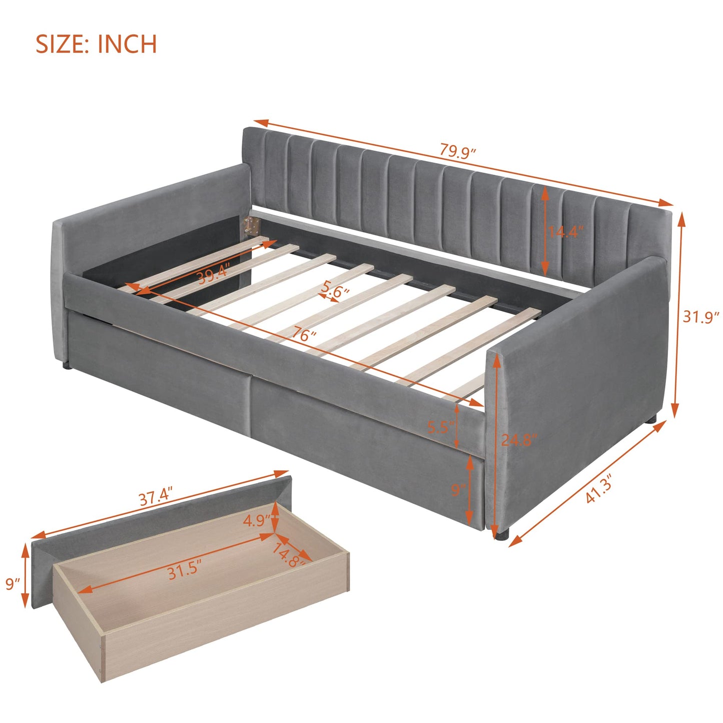 Merax Upholstered Daybed with 2 Drawers, Twin Size Bed Frame with Storage and Wood Slat Support, Gray