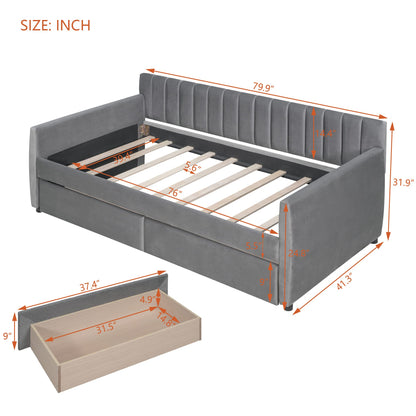 Merax Upholstered Daybed with 2 Drawers, Twin Size Bed Frame with Storage and Wood Slat Support, Gray