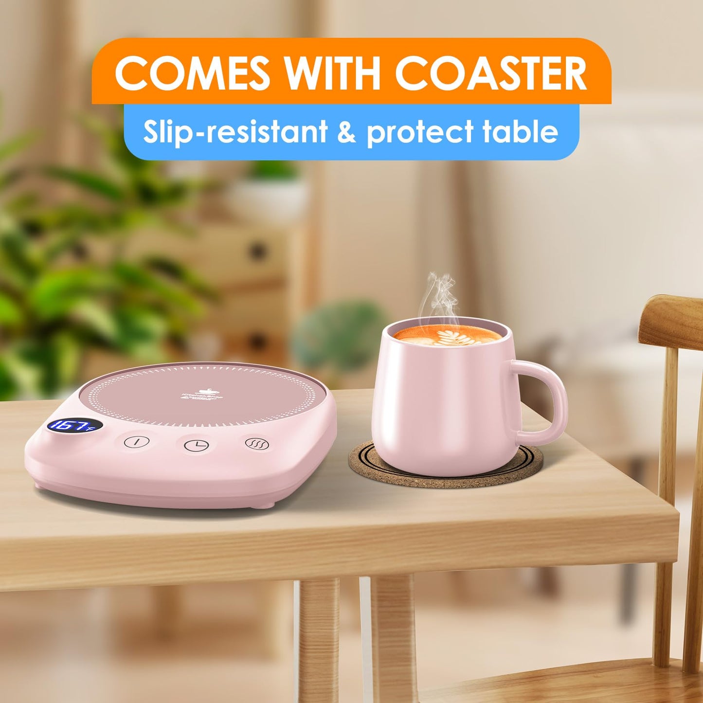 KitchekShop Coffee Mug Warmer - Fastest Heating & Highest Temperature, Coffee Cup Warmer for Desk Auto Shut Off, 4 Temp Settings & 1-12H Timer, Smart Electric Beverage Warmer for Coffee, Tea (Pink)