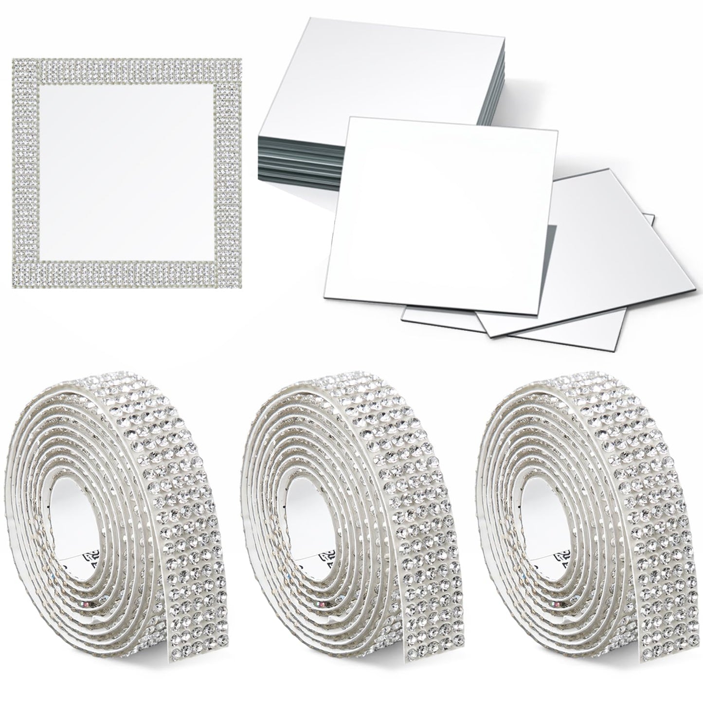 Qunclay 28 Pcs Square Mirror Tiles and Rhinestone Ribbons Set, 4 x 4 Inch Small Decorative Glass Mirror Tiles Bulk 0.43 Inch Wide 1 Yards Silver Self Adhesive for DIY Home Projects Decor