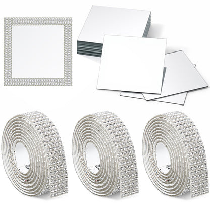 Qunclay 28 Pcs Square Mirror Tiles and Rhinestone Ribbons Set, 4 x 4 Inch Small Decorative Glass Mirror Tiles Bulk 0.43 Inch Wide 1 Yards Silver Self Adhesive for DIY Home Projects Decor