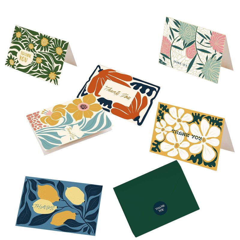 qiqee Color Contrast Flower Thank You Cards Greeting Gift Cards for Handwritten Messages 4x6 Inch 6 Design Birthday Thank You Notes (24pcs +24pcs Envelopes)
