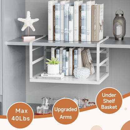 PEKGRIL 2 Pack Large Under Shelf Basket, White Undershelf Storage Basket, Heavy Duty Slide-in Hanging Storage Basket, Metal Under Cabinet Organizer for Kitchen, Pantry, Desk, Bookshelf, Cabinet