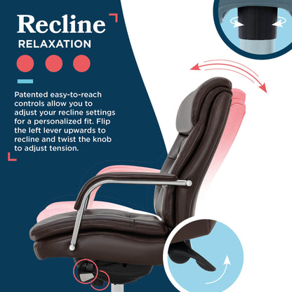 La-Z-Boy Sonata Executive Mid-Back Office Chair, Button-Tufted Seat and Back, Double-Layer Cushion, Padded Armrests, Ergonomic Computer DeskChair, Swivel Metal Base, Bonded Leather, Dark Brown/Chrome