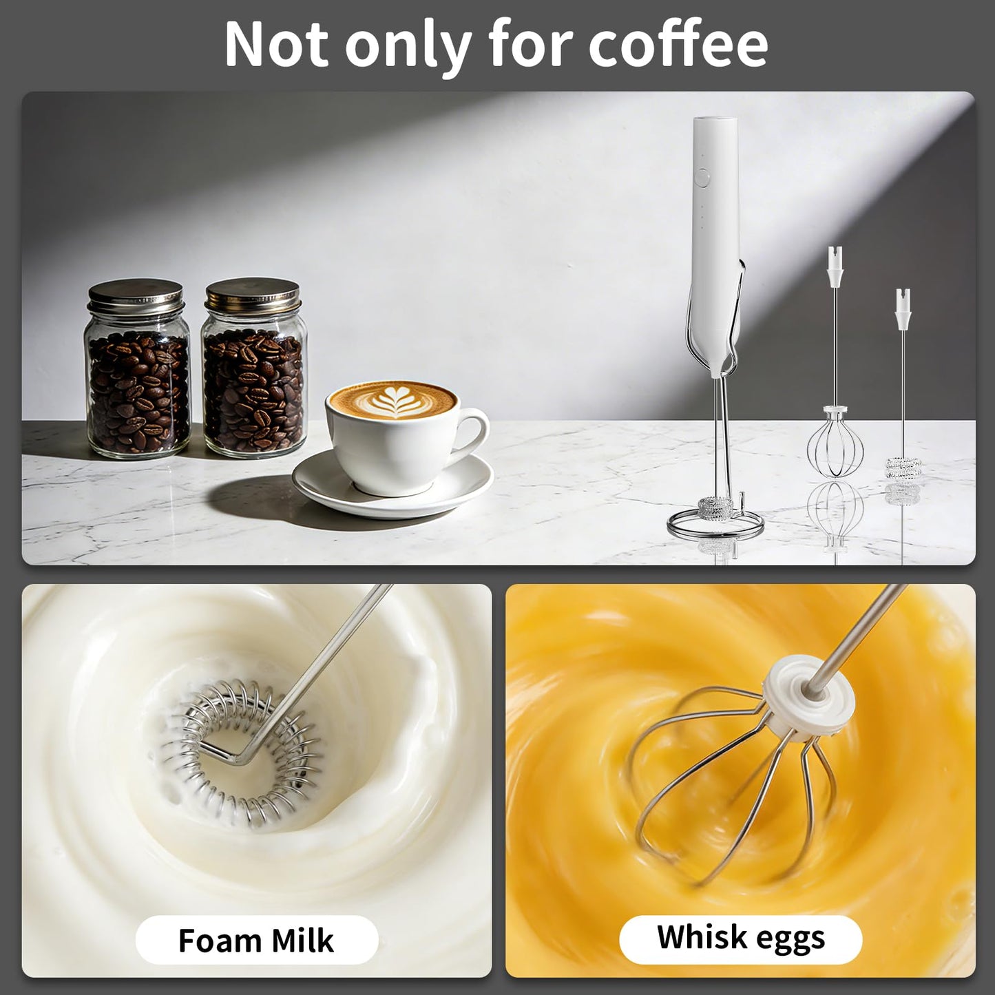 Milk Frother Handheld Rechargeable, Hand Frother with Stand, Drink Mixer Frother Wand Electric Whisk Stirrer for Coffee, Latte, Matcha, Cappuccino, Hot Chocolate, Kitchen Gifts - White