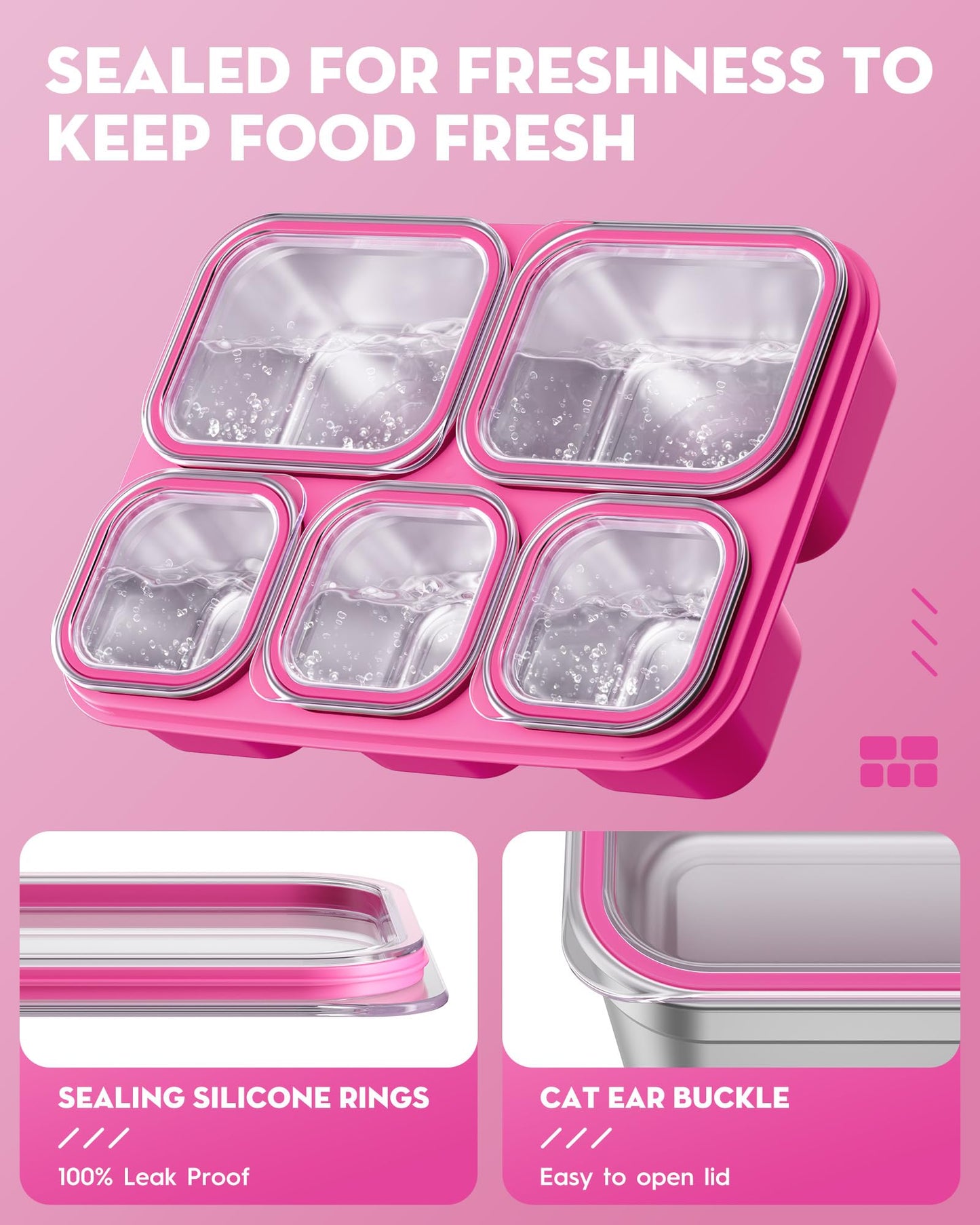 BiuLeon Snackle Box Containers, Stainless Steel 5 Compartments Divided Serving Tray with Lid, Removable LeakProof Portable Bento Box for Fruit Candy Nuts Food - School, Picnic and Travel（Pink）