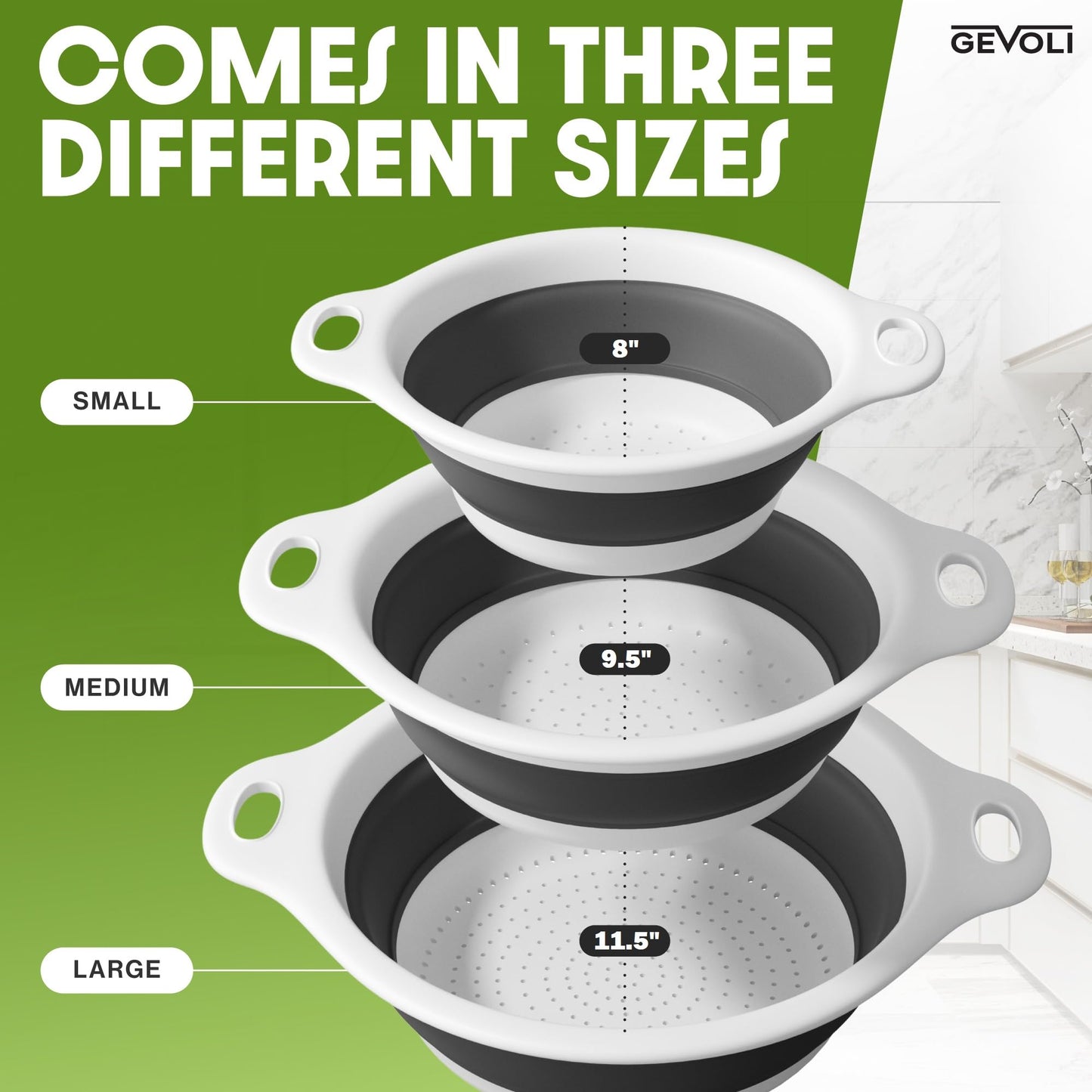 Gevoli Collapsible Colanders (3 Pack Set) Food Strainers with Over-Sink Water Draining Base for Pasta Fruits and Vegetables (Patent Pending) White (3 Sizes, 3QT, 4QT and 5 Quart)