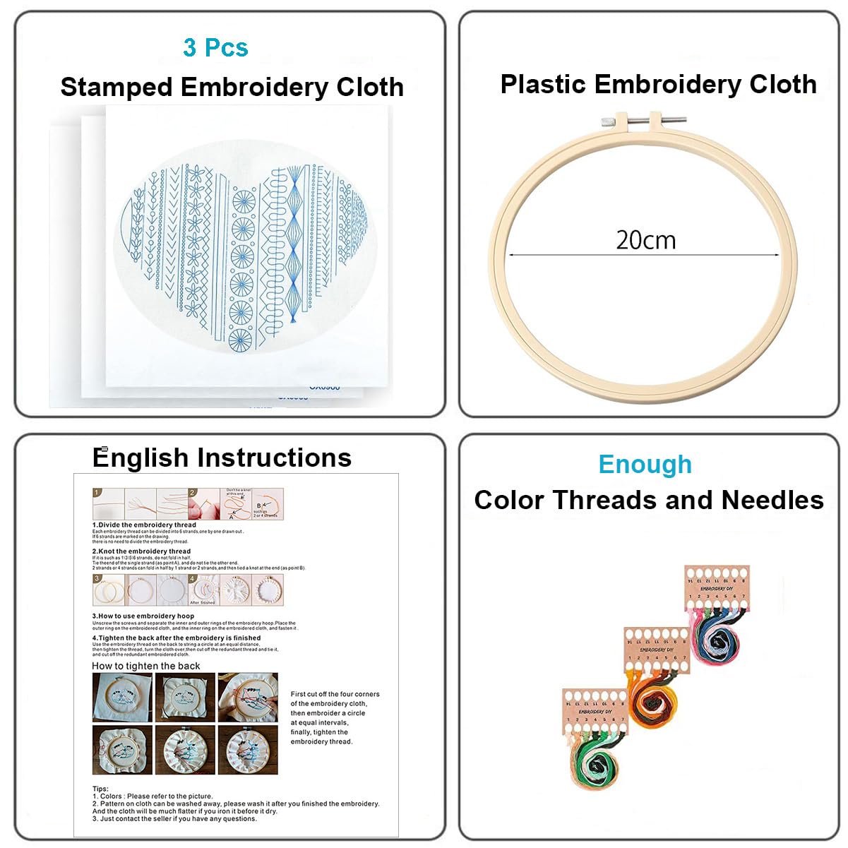 Konrisa Easy Embroidery Kit for Beginners Stamped Embroidery Starter Kit DIY Sewing Needlepoint Cross Stitch for Adults, Stitch Practice Kit 3 Embroidery Fabric Pattern