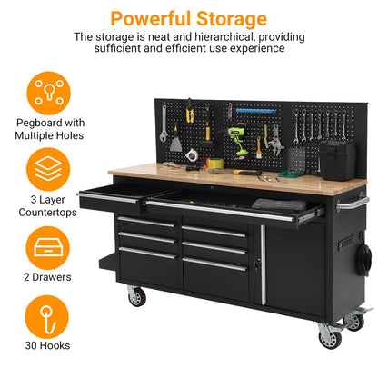 GAOMON 61-inch Rolling Tool Chest, 10 Drawers Garage Workbench Storage Tool Cabinet with Power Strip, Solid Rubber Wood Top, 1675 LBS Load Mobile Workstation, Heavy Duty Rolling Cabinet