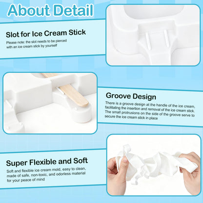3 Set Small Silicone Popsicle Molds Ice Cream Mould 4 Cavity Ice Lolly Mold White Oval Cake Pop Mould with 150 Pieces Wooden Sticks for DIY Cream Popsicle Cake