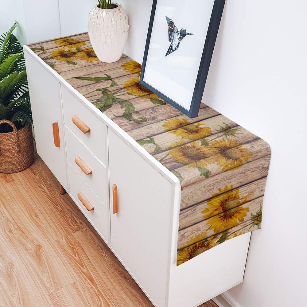 Sunflowers Rustic Table Runner - Cotton Linen Small 36 Inch Dresser Scarves, Farmhouse Tablerunner for Home Living Room