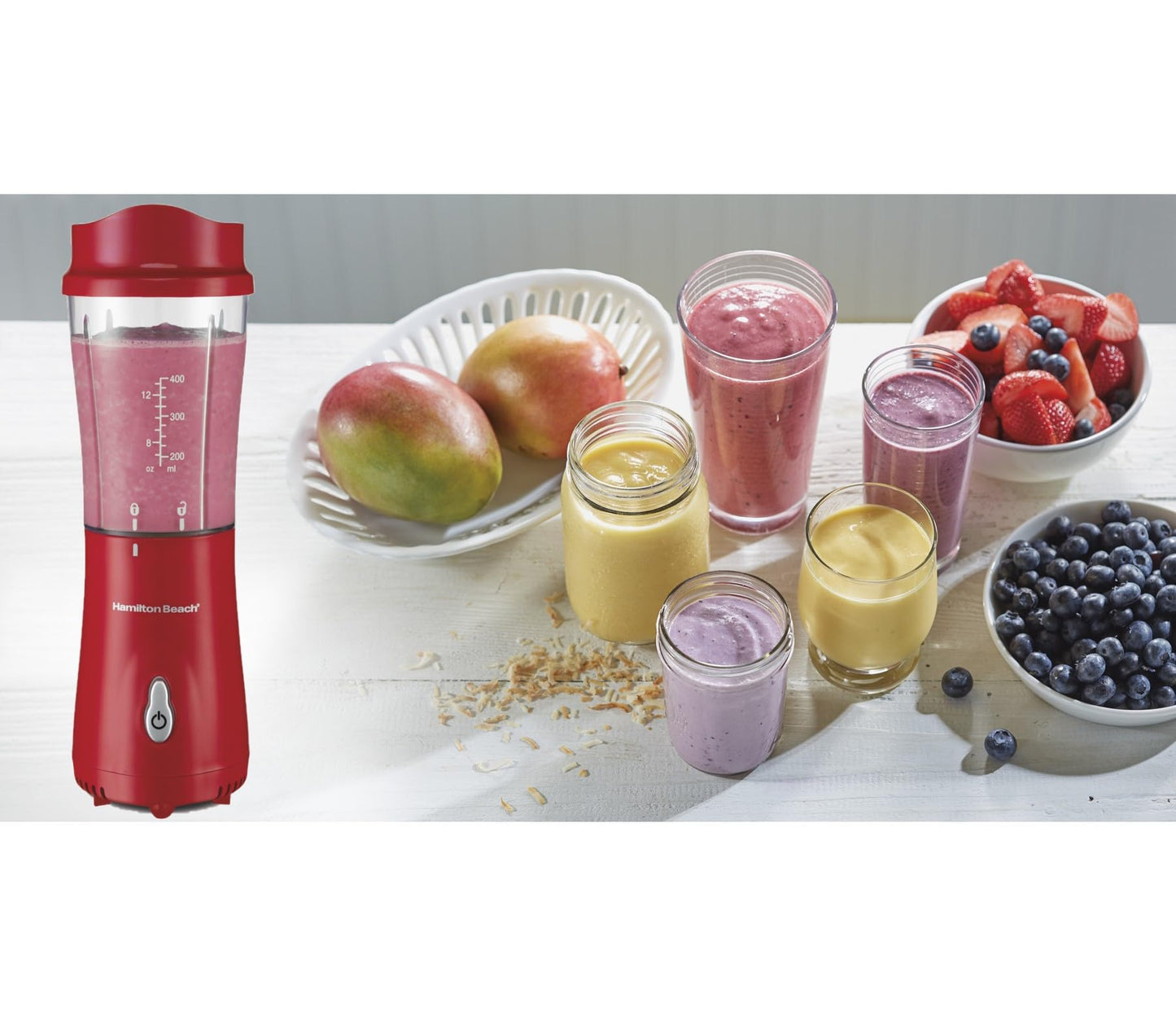 Hamilton Beach Portable Blender for Shakes and Smoothies, 14 Oz BPA Free Travel Cup & Lid, Durable Stainless Steel Blades, Personal Smoothie Blender, Red (51101RV)