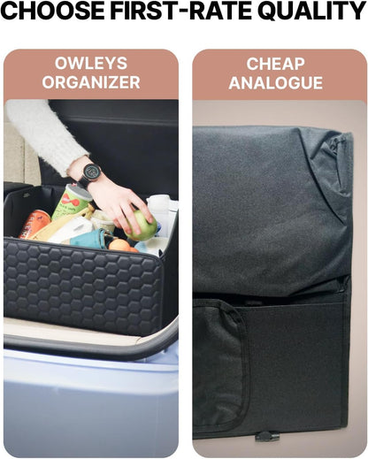 Owleys Trunk Organizer For Car - Collapsible Storage Bins - Keep Groceries, Sports Gear & Tools Secure On Road Trips - Best Gifts for Men - Heavy Duty Cargo Tote (Black 21.6)