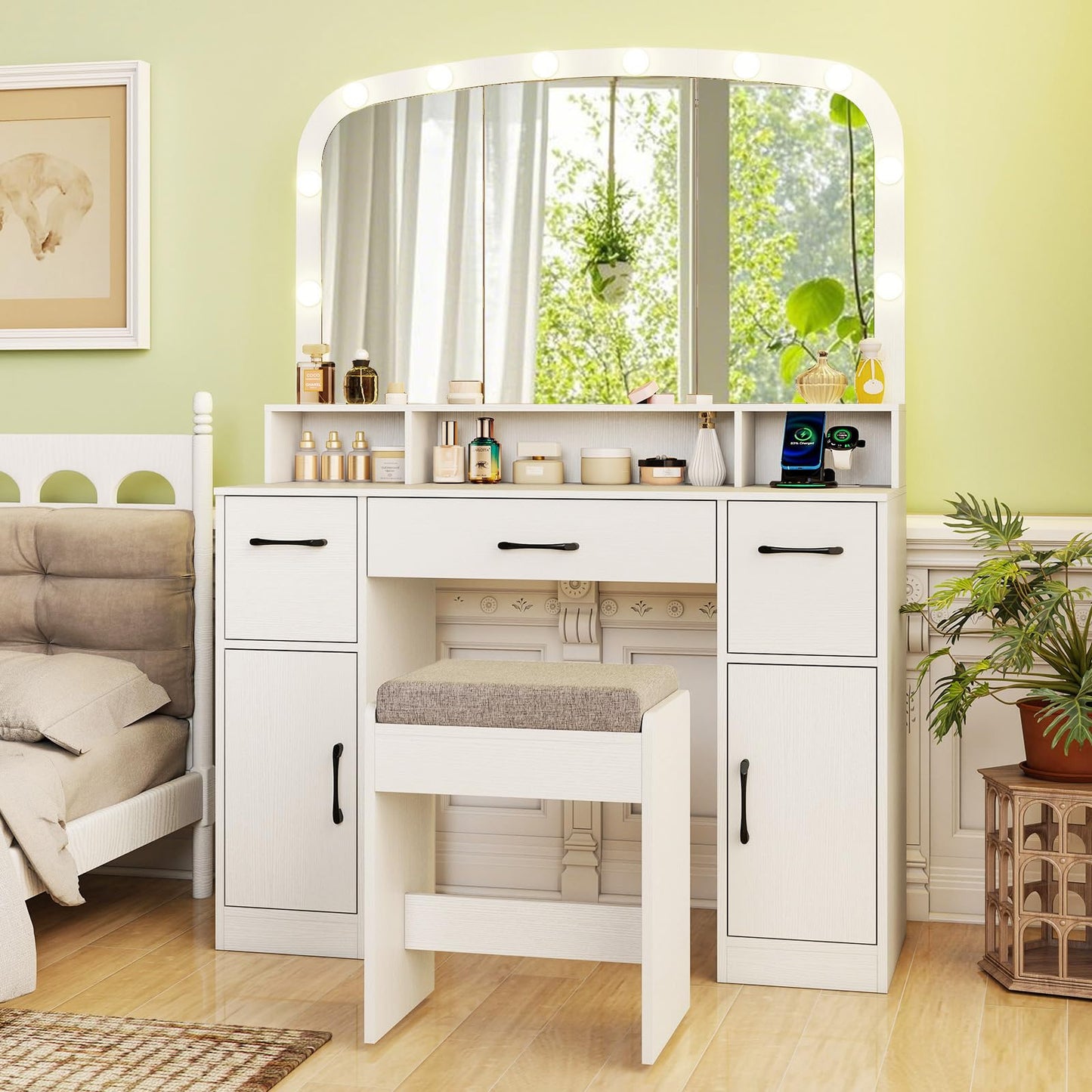 CHARMAID White Vanity Desk with Arched Mirror and Lights, Large Makeup Vanity Table with Charging Station, Storage Drawers & Cabinets, Modern Dressing Table with Stool for Bedroom