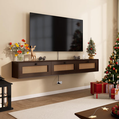 FurniNova 70'' Floating TV Stand with Rattan Doors, Wall Mount TV Console Cabinet, Fully Assembled Floating Entertainment Center, Matte Finish, Plywood Media Cabinet for Living Room